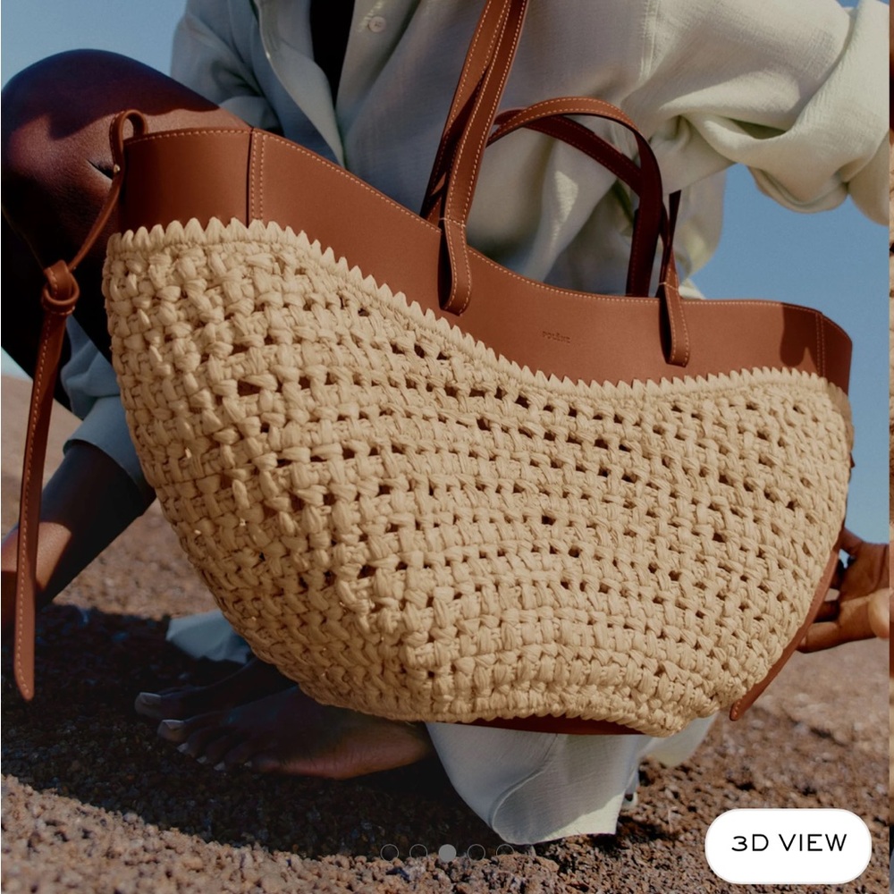 POLENE raffia cyme Tote with Brown Leather Trim